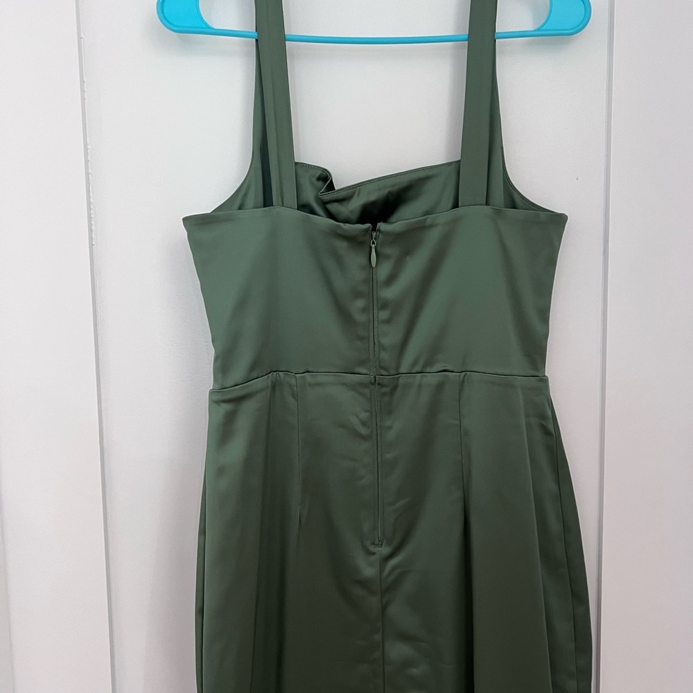 Abercrombie Sculpting Stretch Satin Midi Dress Square-Neck Olive Green - Picture 10 of 12